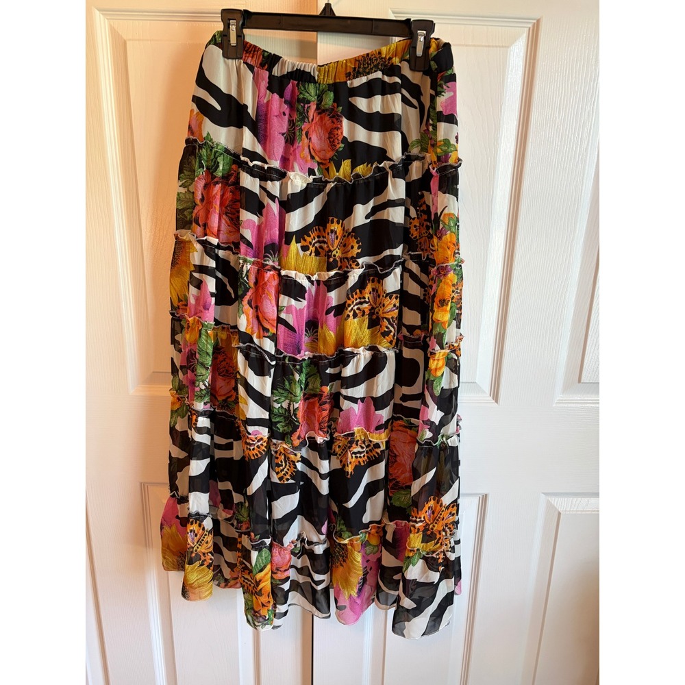 Antthony Original Zebra Floral Tiered Maxi Skirt 1X Multi Color Ruffle Chiffon